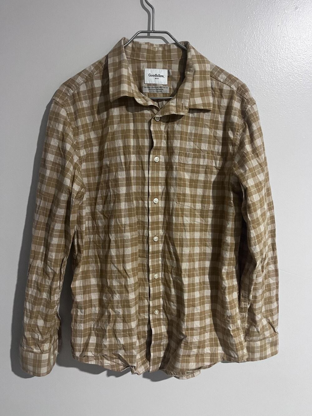 Goodfellow & Co Shirt Mens L Beige Check Long Sleeve Button-Up Collared Pocket